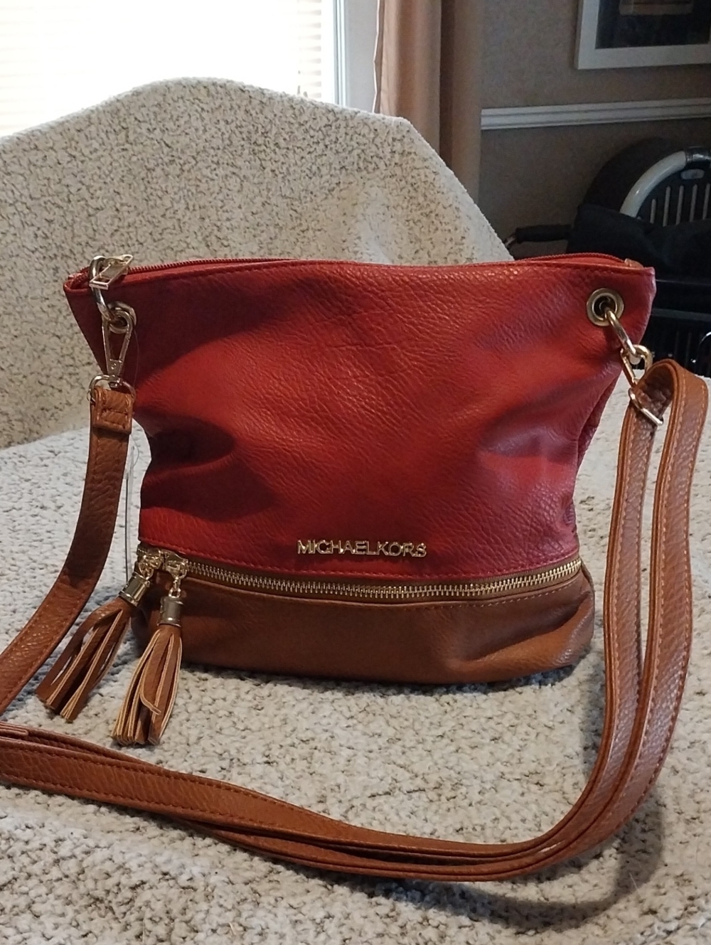 Michael Kors Red and Brown Leather Tassel Crossbody